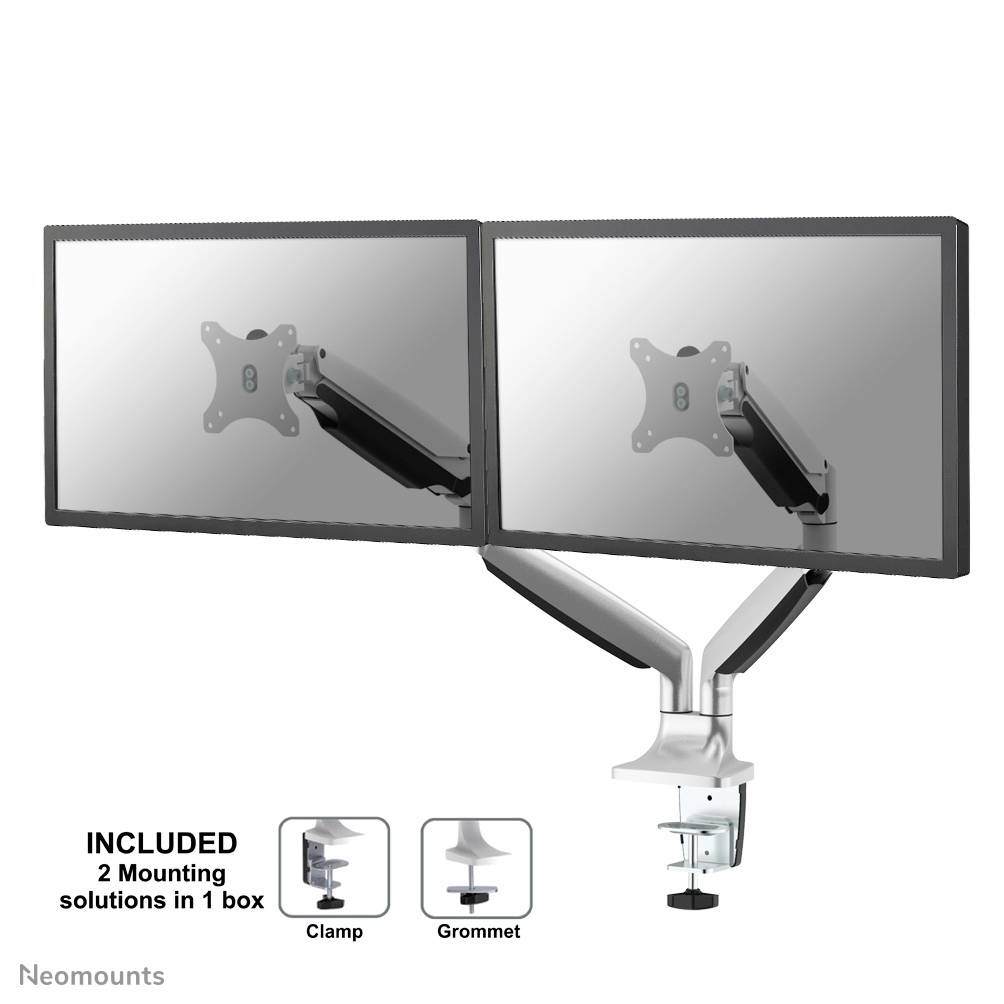 Doppelter Monitorarm mit zwei Bildschirmen, gezeigt auf einem verstellbaren Halterungssystem mit Klemme und Durchführungsmontage.