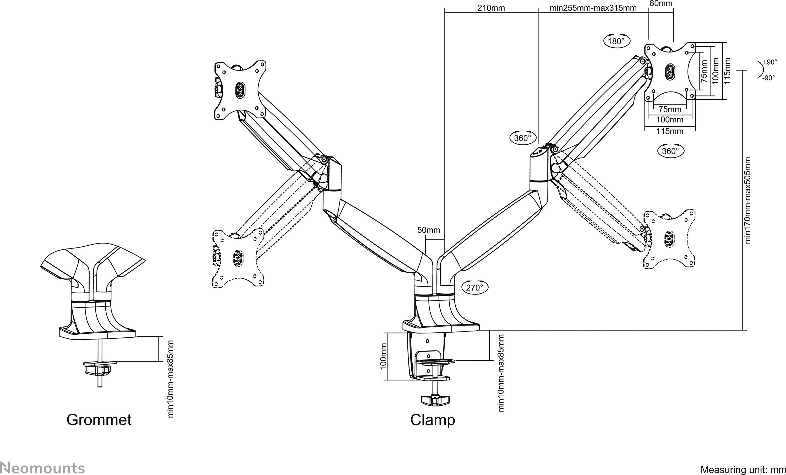 Ein verstellbarer Monitorarm mit zwei Befestigungsarten: Grommet und Klemme. Maße und Winkel für optimale Monitorposition sind angegeben.