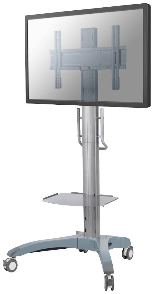 Ein schwarzer Bildschirm steht auf einem silbernen Metallständer mit Rädern. Unterhalb des Bildschirms befindet sich ein Ablagefach.