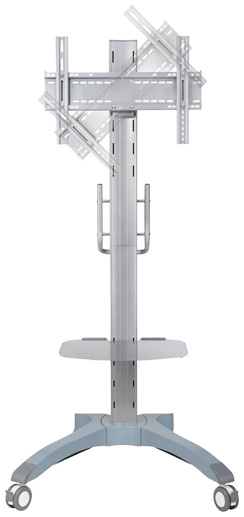 Ein moderner TV-Ständer mit Rädern, Teleskopstange und verstellbarer Halterung für verschiedene Bildschirmgrößen.