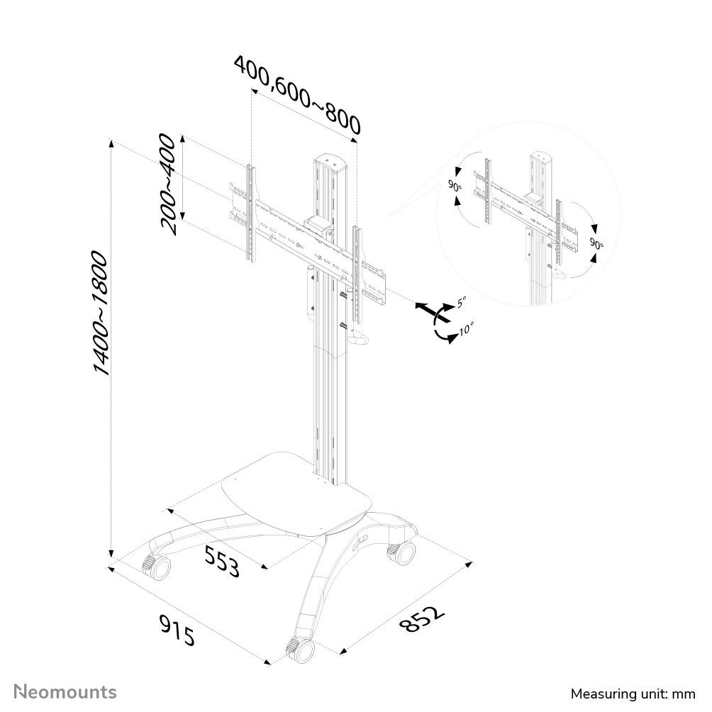 Diagramm eines höhenverstellbaren Rollwagens mit Maßen: Höhe 1400-1800 mm, Breite 400-800 mm, mit schwenkbaren Montagearmen.