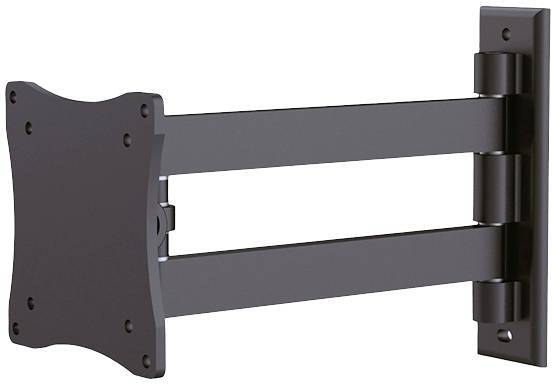 Schwenkbare Monitorhalterung in Schwarz, an einer Wand montiert, mit zwei verstellbaren Armen für flexible Bildschirmpositionierung.