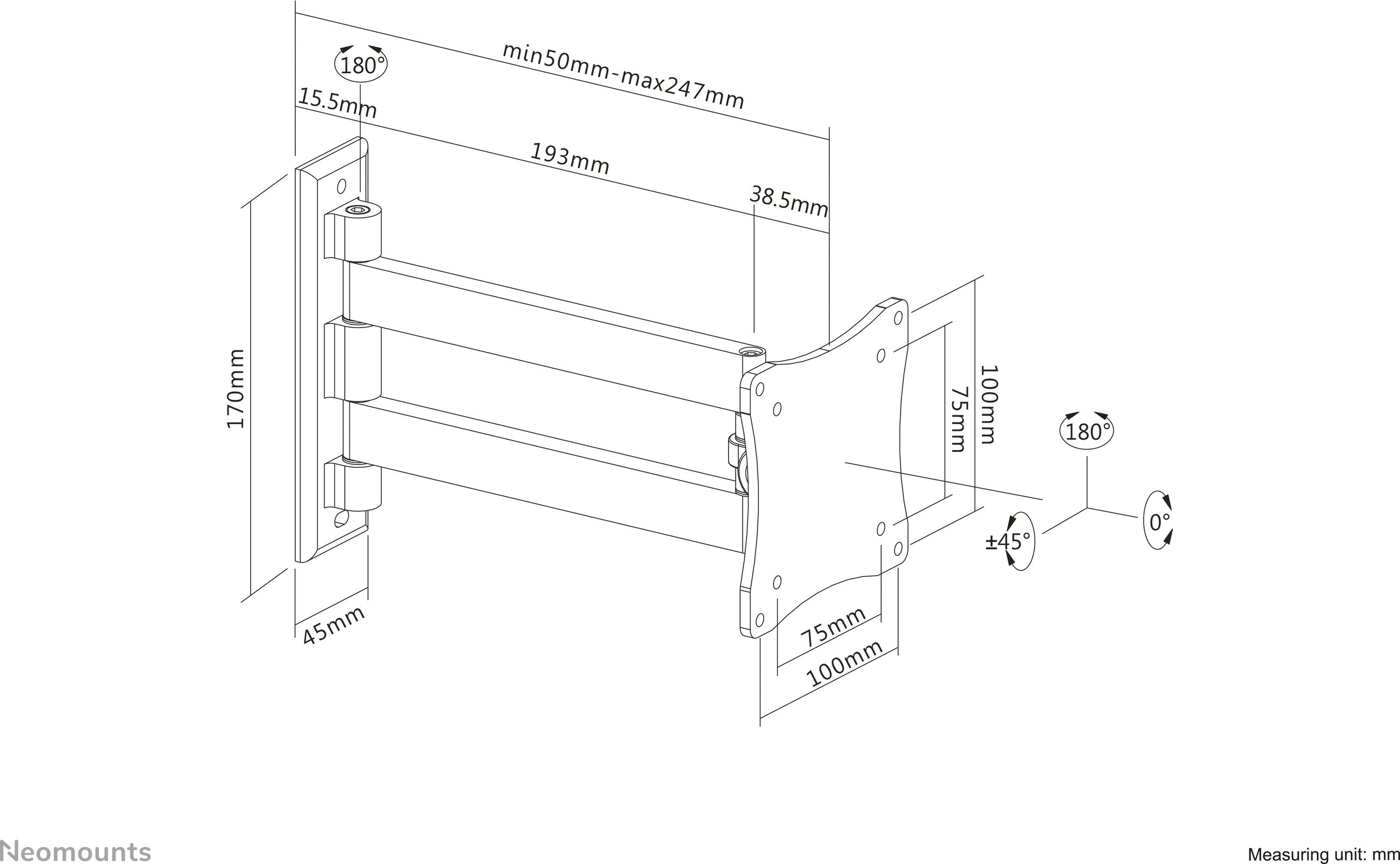 Technische Zeichnung einer Monitorhalterung mit Maßen. Die Halterung ist verstellbar von 50mm bis 247mm. Neigungswinkel: +5° bis -10°.