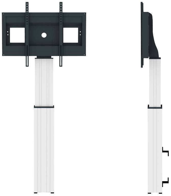 Elektrisch höhenverstellbare Wandhalterung für Monitore. Frontalansicht links zeigt Halterung mit Träger, Seitenansicht rechts zeigt schmale Tiefe.