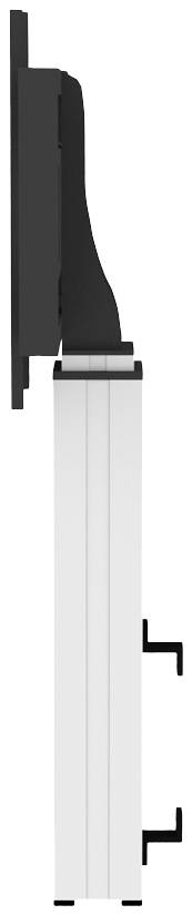 Seitenansicht einer Wand- oder Tischhalterung mit verstellbarem Arm für einen Bildschirm. Der Arm hat einen schwarzen und weißen Abschnitt.