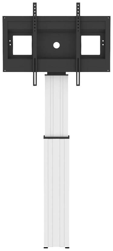 TV-Halterung mit verstellbarer Säule, ideal für Flachbildschirme. Schwarzes Befestigungselement und weiße säulenartige Halterung.