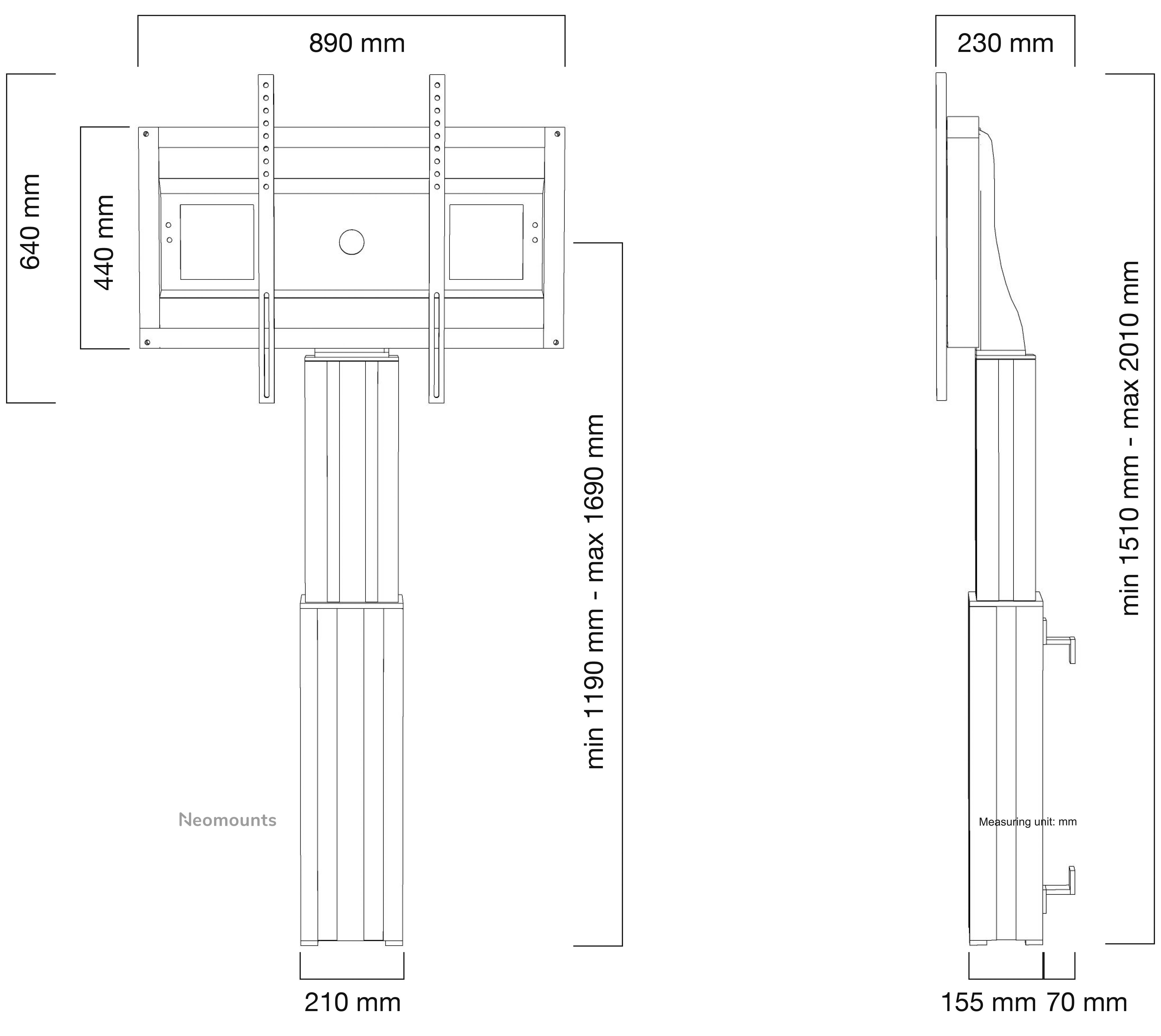 Diagramm eines höhenverstellbaren TV-Pfostens mit Maßen: Breite 890 mm, Höhe 640 mm bis 1690 mm. Seitliche Ansicht zeigt Tiefe 230 mm.