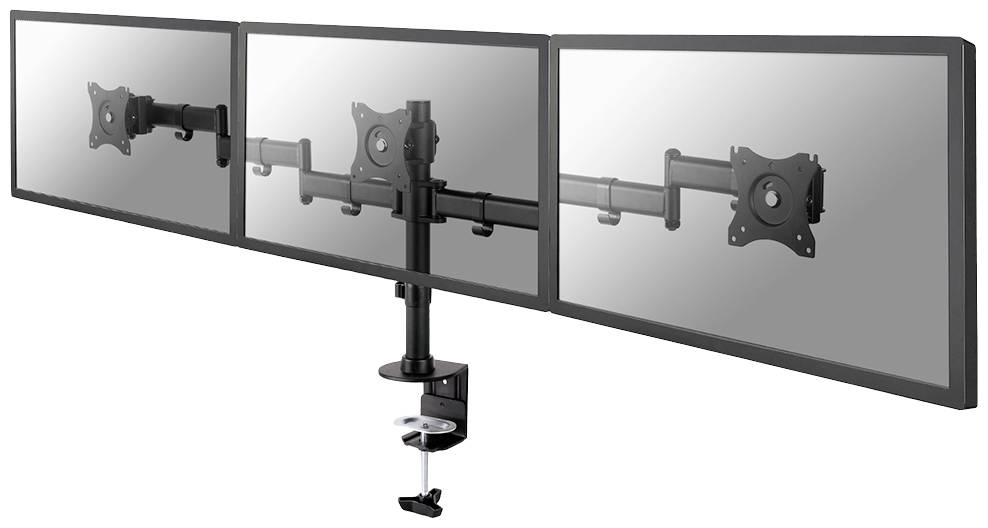 Dreifacher Monitorständer aus Metall, hält drei Flachbildschirme in einer horizontalen Reihe, wird mit Klemme am Tisch befestigt.
