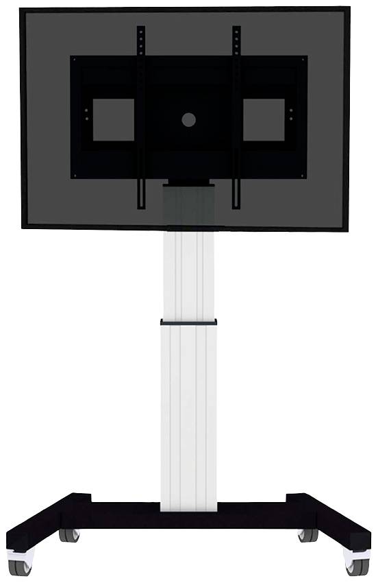 Ein mobiler TV-Ständer mit Rädern und höhenverstellbarer Halterung, geeignet für große Bildschirme.