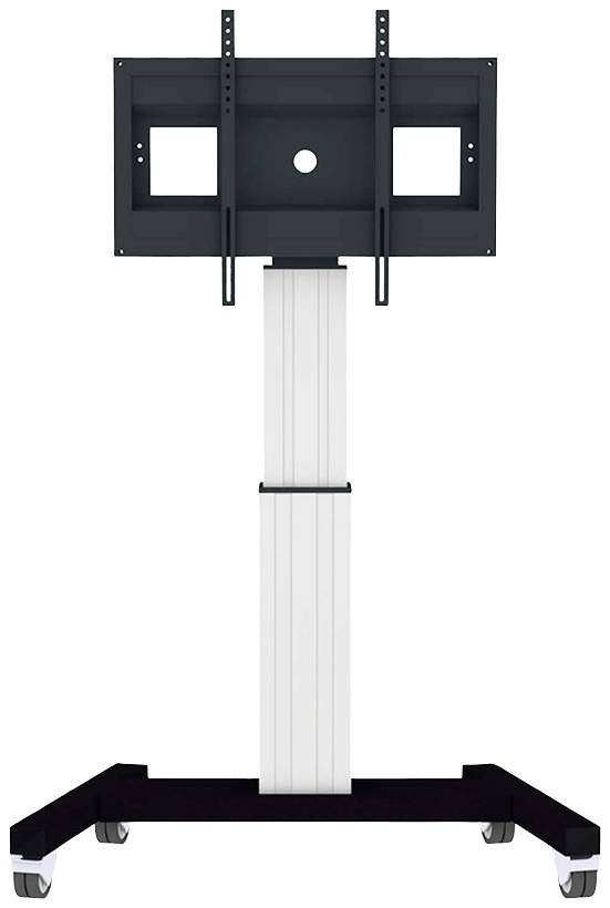 Ein mobiler TV-Ständer mit Rädern und höhenverstellbarer Halterung für Flachbildschirme, geeignet für Büros oder Präsentationen.