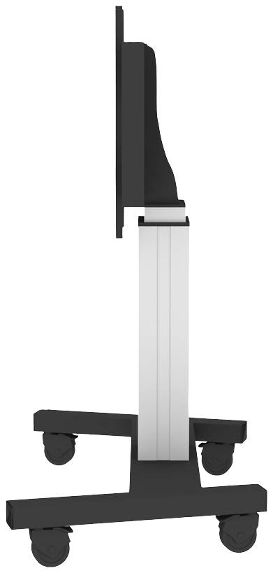 Seitenansicht eines mobilen Präsentationsständers mit Rädern und verstellbarer Halterung.
