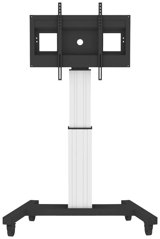Ein mobiler TV-Standfuß mit Rollen und höhenverstellbarer Halterung für Bildschirme. Robustes schwarzes und weißes Design.