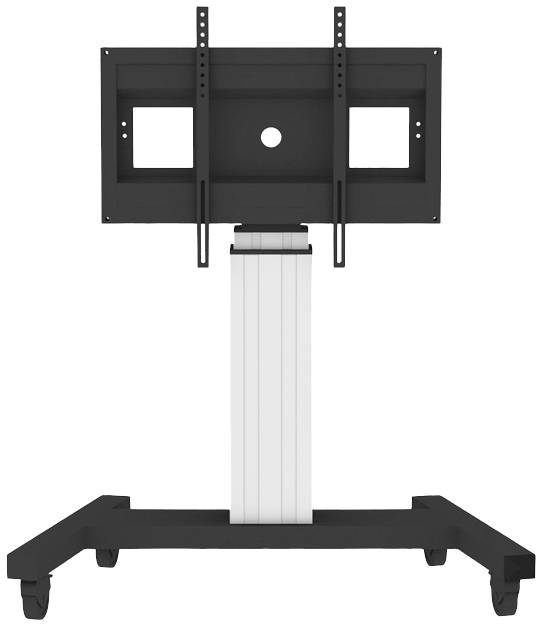 Ein mobiler TV-Ständer mit vier Rollen und einem verstellbaren Metallrahmen zur Befestigung eines Bildschirms.