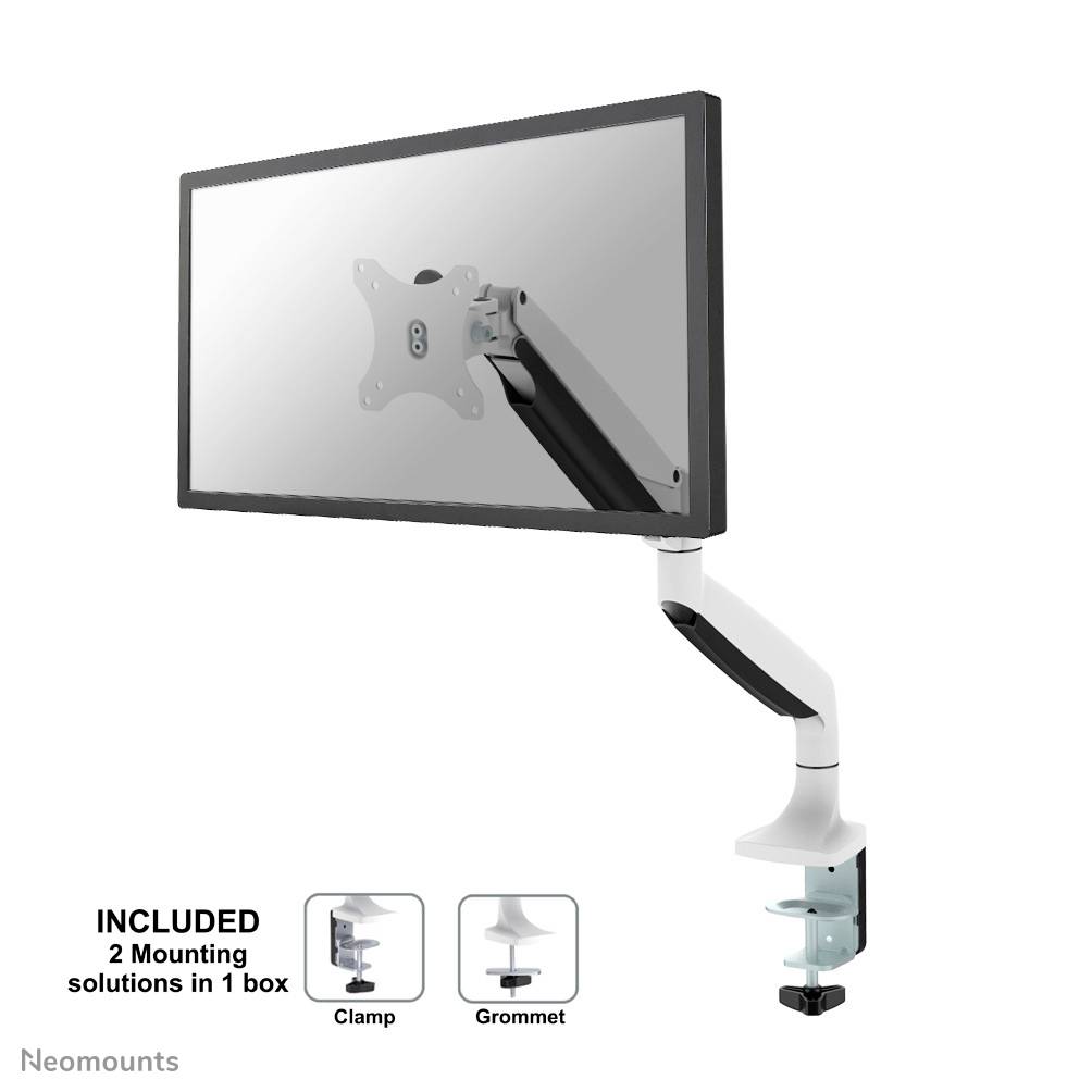 Monitorhalterung mit flexiblem Arm, geeignet für Monitore bis 27 Zoll. Enthält Klemme und Tülle zur Befestigung.