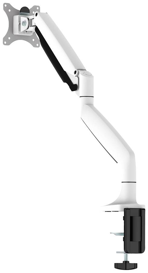 Ein verstellbarer Monitorarm zur Schreibtischmontage, in Weiß und Schwarz, mit Klemme zur Befestigung. Ideal für flexible Bildschirmpositionierung.