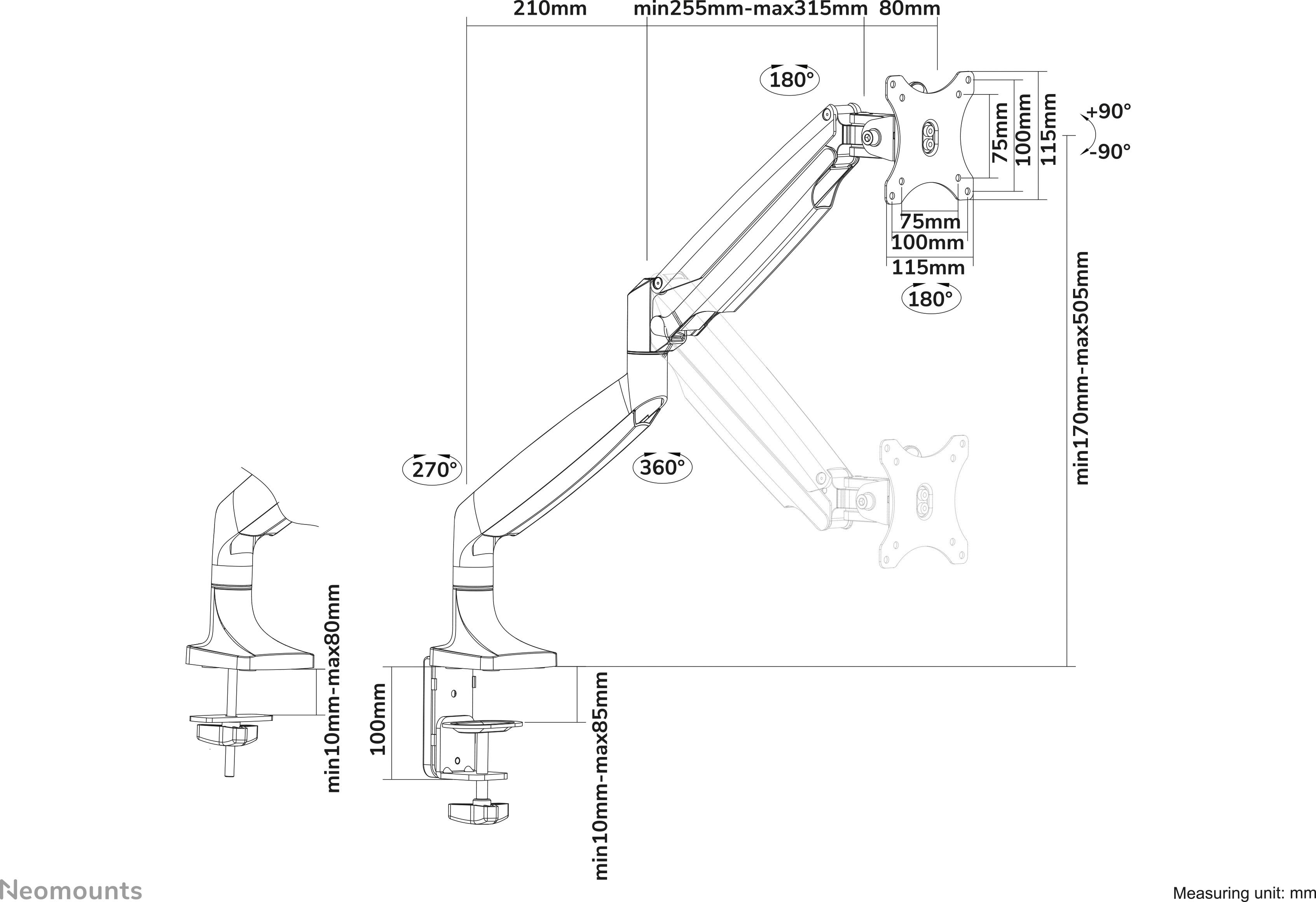 Zeichnung einer verstellbaren Monitorhalterung mit Abmessungen und Drehwinkeln. Enthält Angaben zur maximalen und minimalen Höhe und Reichweite.