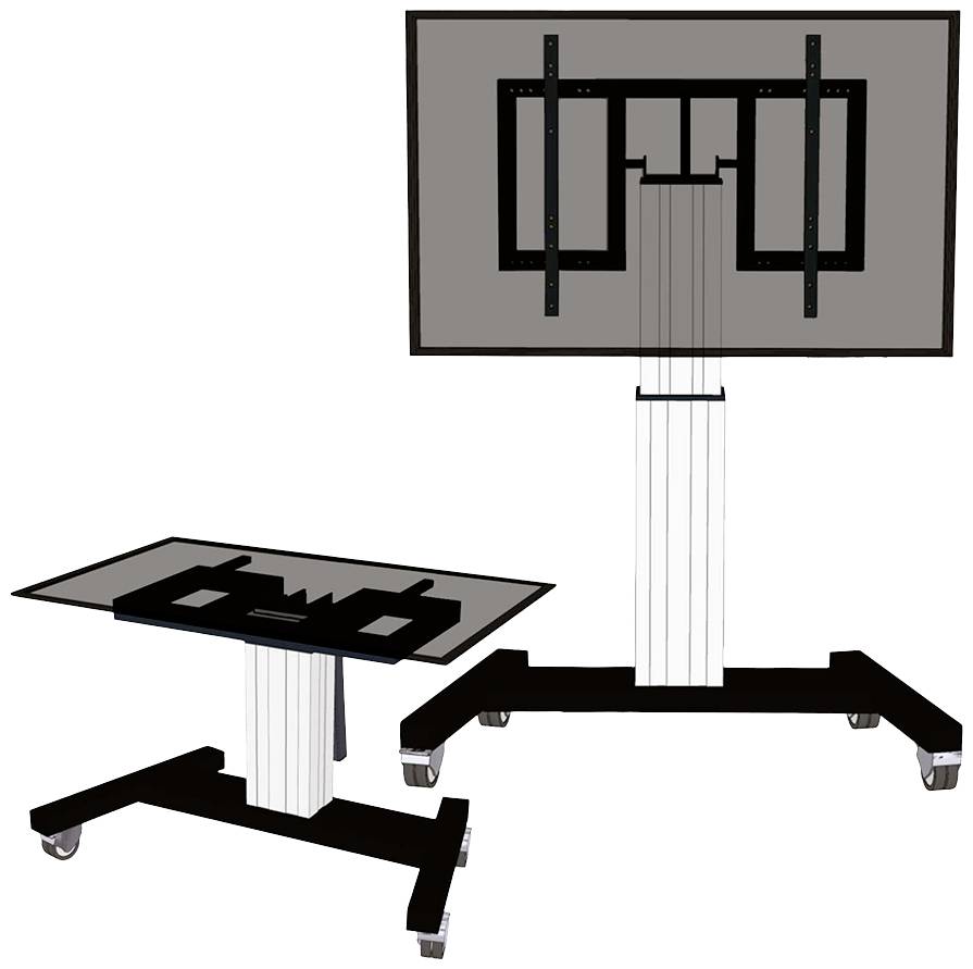 Mobile TV-Halterung in vertikaler und horizontaler Position auf Rollen. Geeignet für großformatige Bildschirme, anpassbare Höhe.