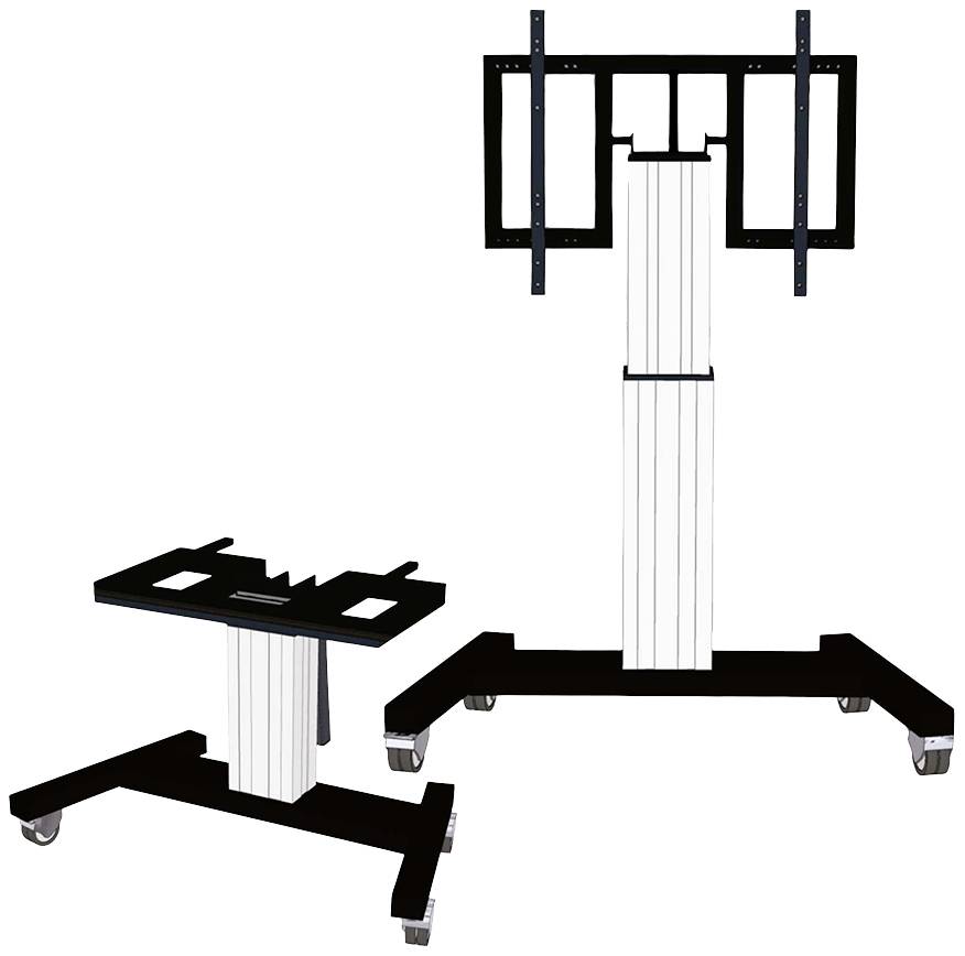 Höhenverstellbarer, mobiler TV-Wagen aus schwarzem und weißem Metall mit Rollen und Halterung für Flachbildfernseher.