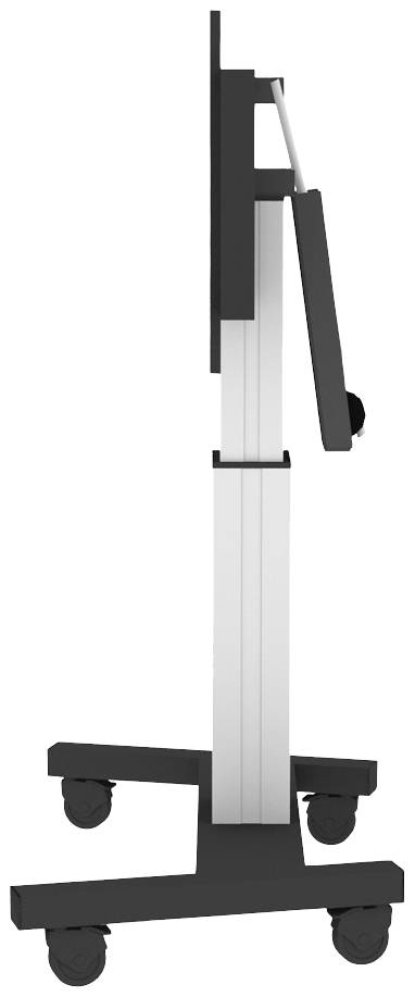 Seitenansicht eines mobilen Monitorständers auf Rollen, mit einem schmalen, höhenverstellbaren Rahmen und einer stabilen Basis.