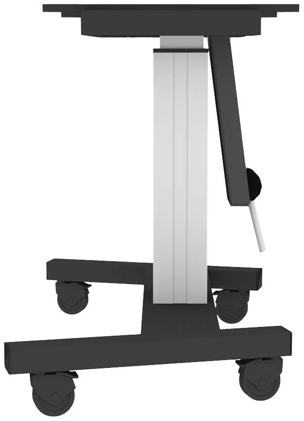 Ein mobiler Tisch mit Rädern, höhenverstellbar, geeignet für medizinische oder technische Geräte.