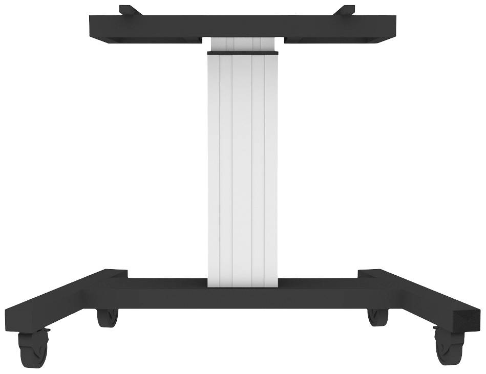 Ein höhenverstellbares Tischgestell in schwarz mit vier Rollen, geeignet für flexible Raumgestaltungen.