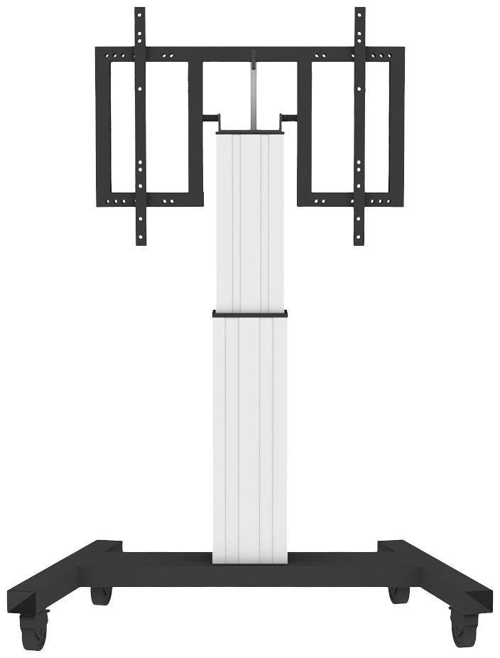 Ein schwarzer, stabiler TV-Ständer mit Rollen und verstellbarer Halterung für die Montage von zwei Displays.