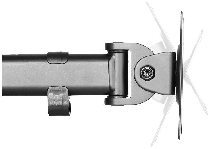 Ein schwarzer Metallarm mit einem drehbaren Gelenk, geeignet zur Befestigung eines Monitors. Die Halterung ist in einer seitlichen Ansicht gezeigt.