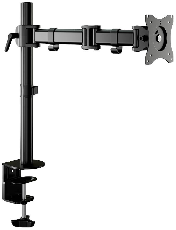 Ein schwarzer Monitorarm mit verstellbarem Gelenk und Klemme zur Befestigung an einem Tisch. Ideal für flexible Bildschirmanordnung.