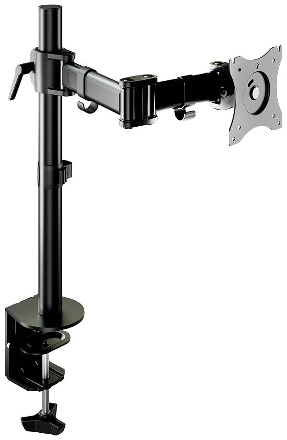 Ein schwarzer, verstellbarer Monitorhalter aus Metall mit einer Tischklemme und einem Gelenkarm zur flexiblen Positionierung eines Bildschirms.