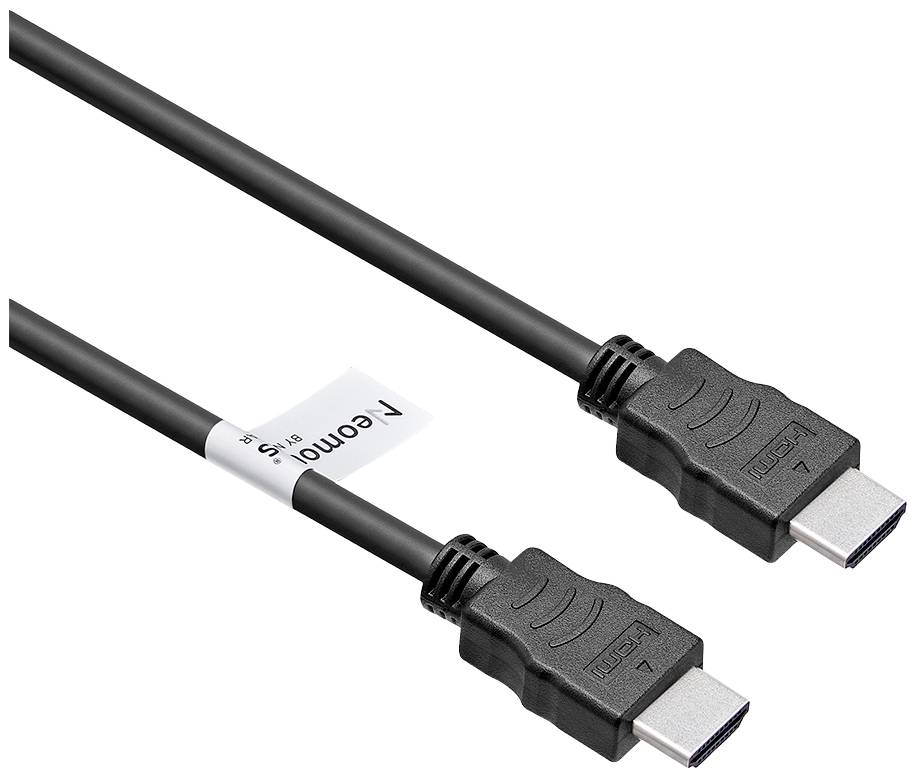 Ein schwarzes HDMI-Kabel mit zwei Steckverbindern, die durch ein Etikett mit der Aufschrift 'Remote' gekennzeichnet sind.