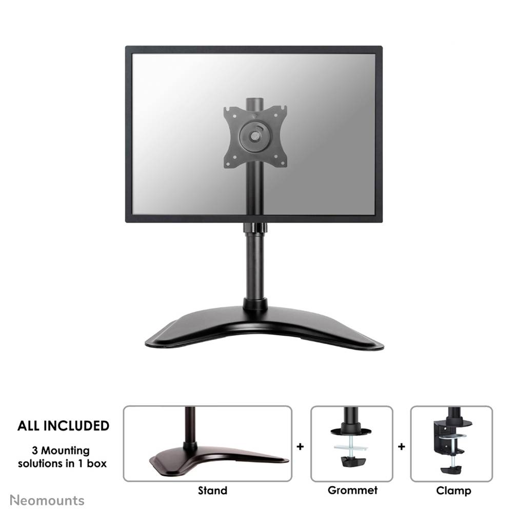 Monitor auf Standfuß. Darunter Symbole für drei Montagemöglichkeiten: Stand, Grommet, Clamp. Text: 'ALL INCLUDED 3 Mounting solutions in 1 box'.