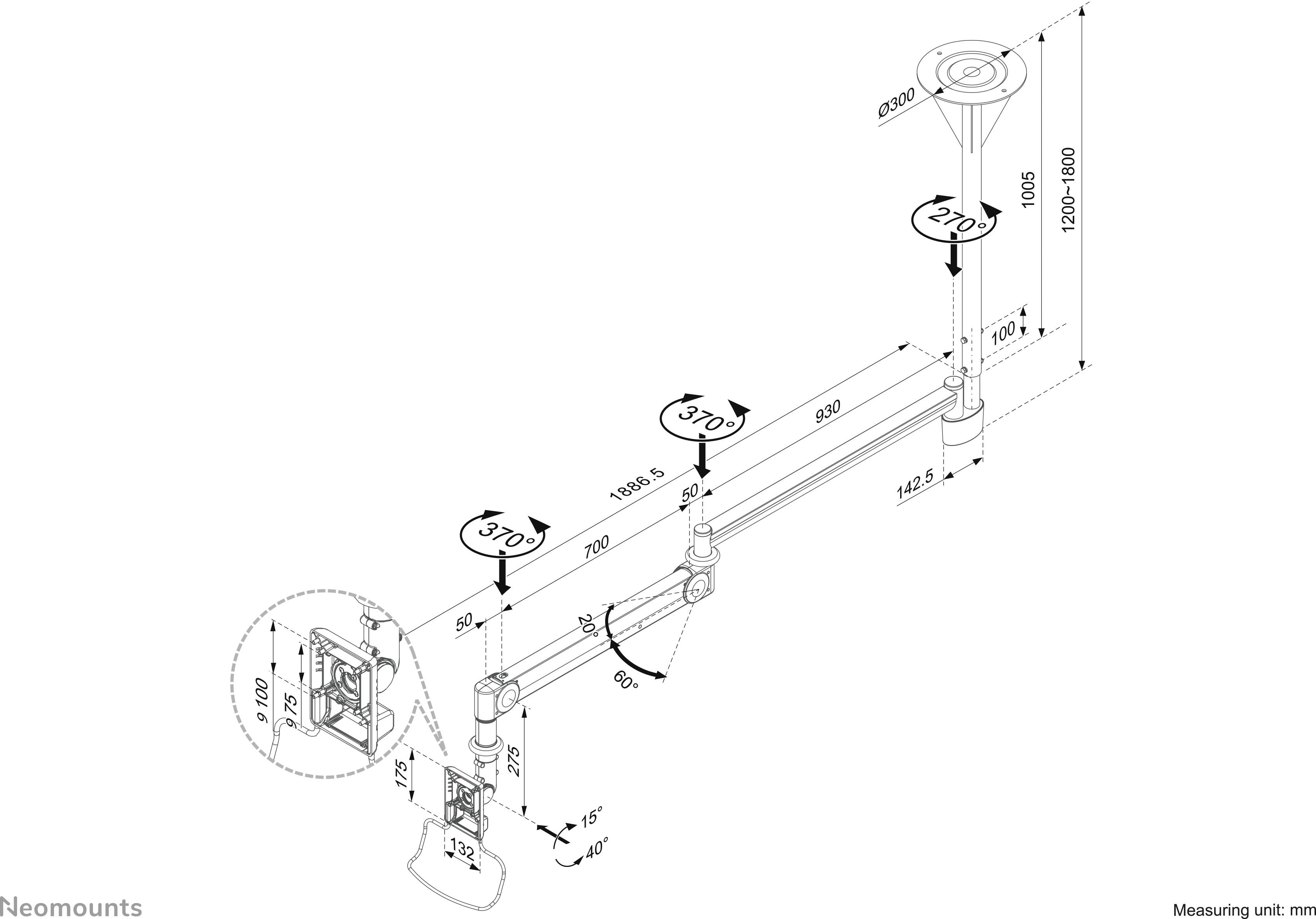 Montageanleitung eines Decken-Projektorhalters mit rotierbarem Arm. Maße in mm: Höhe variabel bis 1150, Arm 740 lang, Neigung 15°.