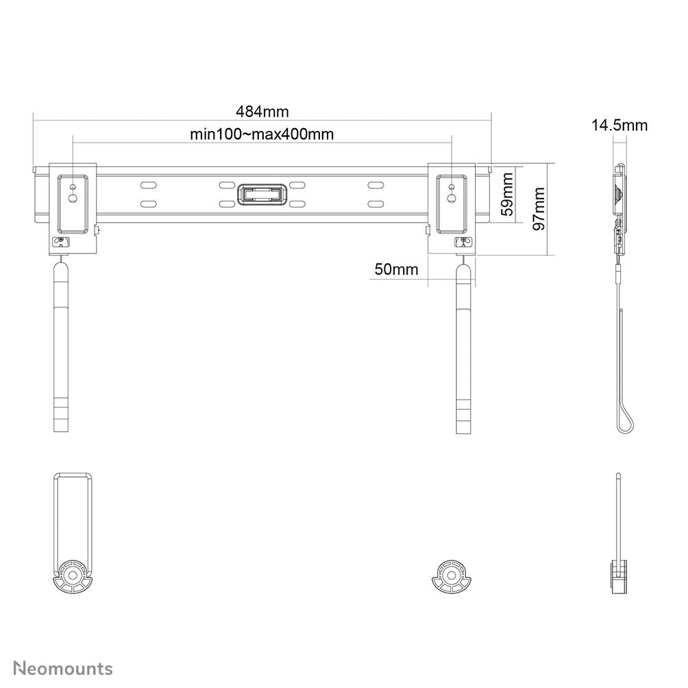 Technische Zeichnung einer Wandhalterung mit Abmessungen: Breite 484 mm, Höhe 97 mm, Tiefe 14,5 mm. Montagebereich: 100-400 mm.
