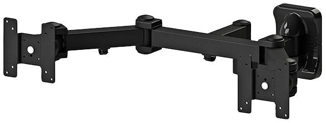 Schwenkbare Monitorhalterung aus schwarzem Metall mit zwei Armen zur Wandbefestigung. Geeignet für zwei Monitore zur flexiblen Positionierung.