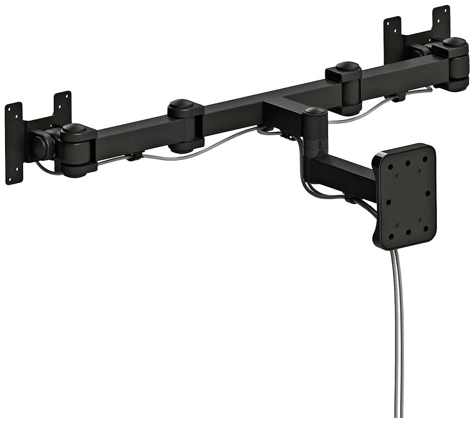 Ein schwarzer, verstellbarer Monitorarm für drei Bildschirme, montiert an einer Wand. Kabel sind ordentlich durch den Arm geführt.