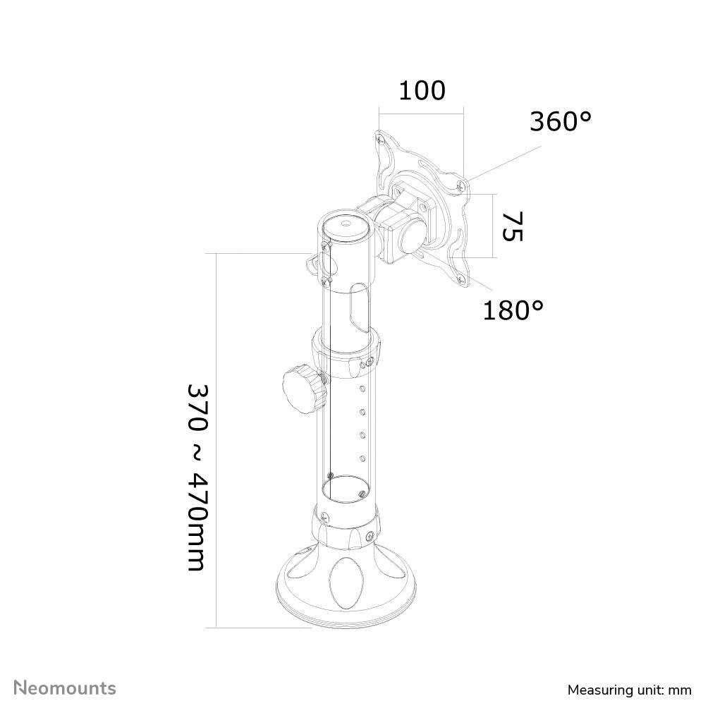 Diagramm einer Monitorhalterung mit Winkeln: 100°, 360°, 75°, 180°. Einstellbare Höhe: 370-470 mm. Maßeinheit: mm.