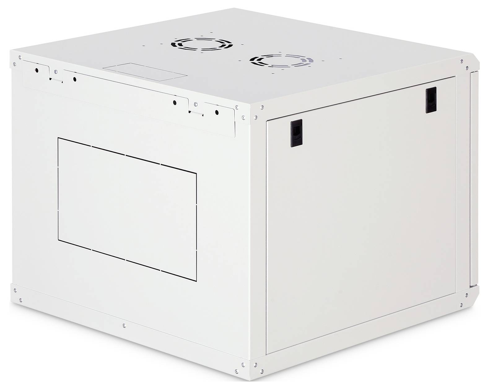 Ein weißer Metallschrank in quadratischer Form mit zwei Lüftungsschlitzen am oberen Rand und einem abnehmbaren Seitenpaneel.