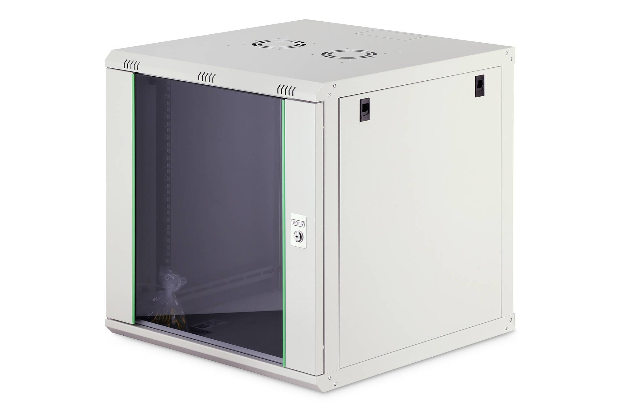 Ein kleines, wandmontables Serverrack-Schrank mit einer transparenten Frontscheibe, geeignet zum Organisieren und Sichern von Netzwerkausrüstung.