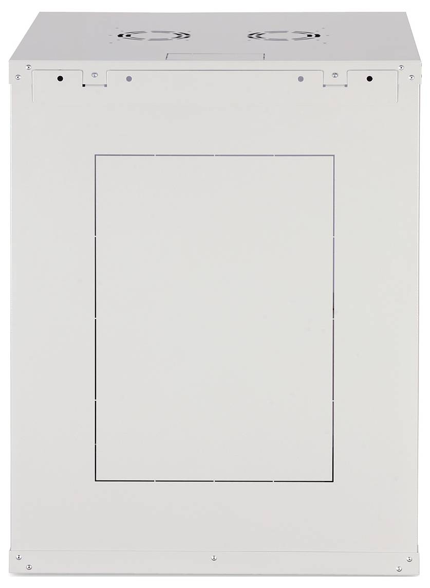 Ein Metallgehäuse mit belüfteter Oberseite und einer Frontplatte mit Scharnier, wahrscheinlich zur Unterbringung von elektrischen oder Computergeräten, in einer neutralen Farbe.