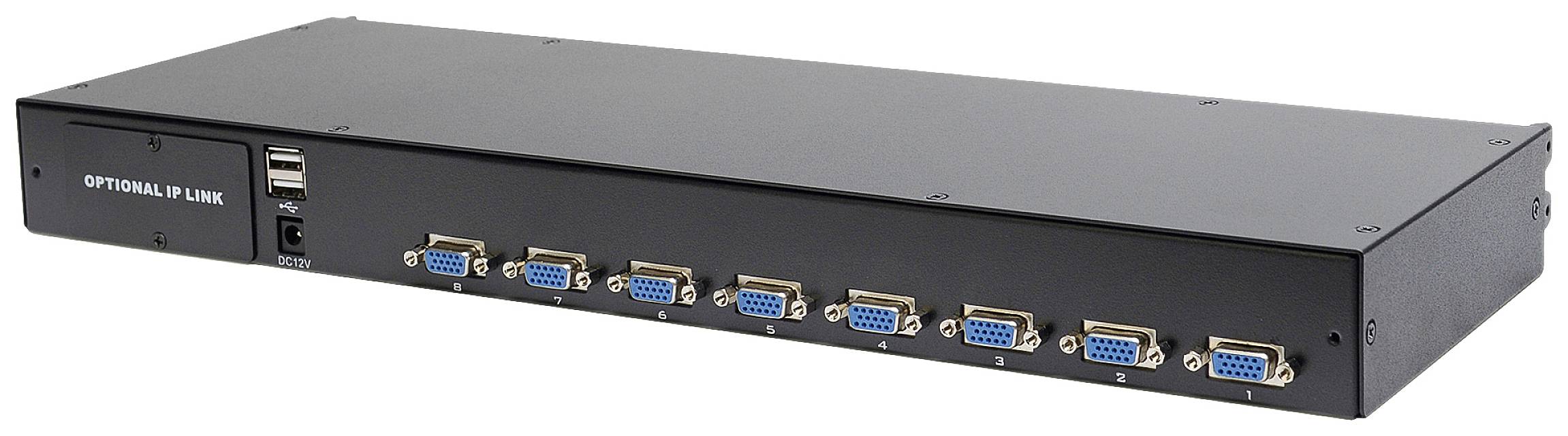 Ein KVM-Switch mit acht VGA-Anschlüssen in einer Reihe. Ein USB- und ein Netzwerkanschluss sind ebenfalls sichtbar.