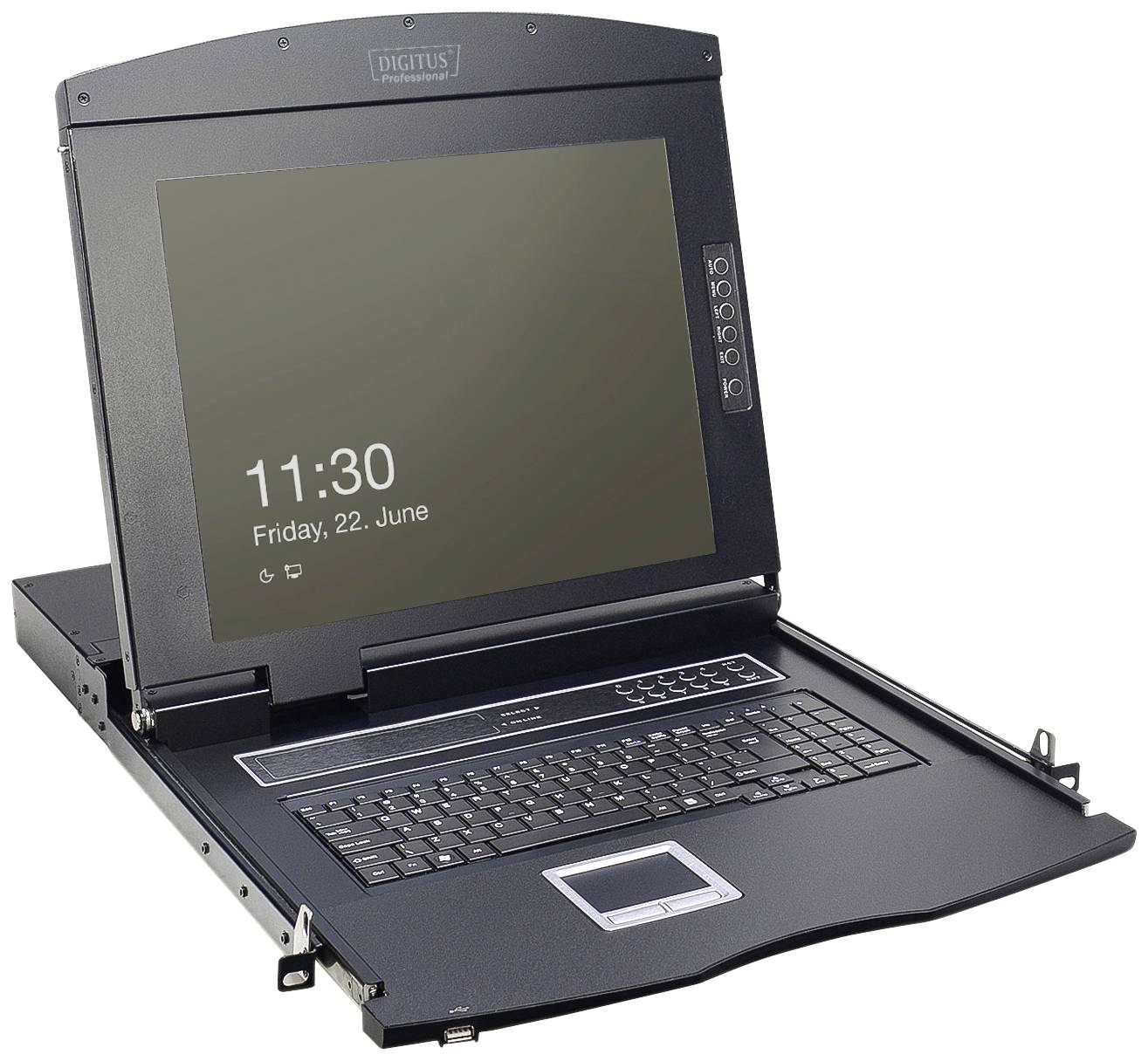 Ein Server-Rack-Konsole mit integriertem Monitor, Tastatur und Touchpad. Der Bildschirm zeigt '11:30 Freitag, 22. Juni'.