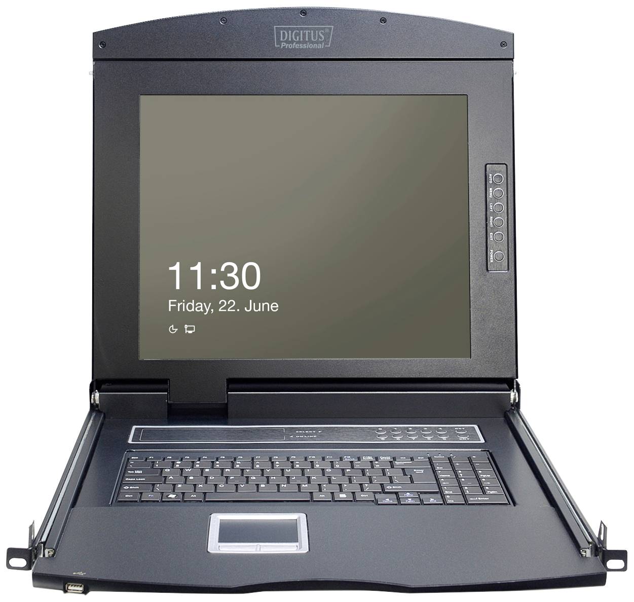 Ein aufklappbarer KVM-Switch-Monitor mit Tastatur und Touchpad zeigt die Uhrzeit '11:30' und das Datum 'Freitag, 22. Juni'.