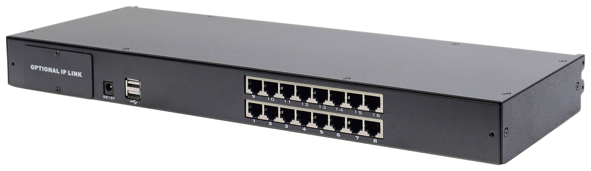 Schwarzmetall-Netzwerkswitch mit sechzehn Ethernet-Ports und zwei USB-Anschlüssen, geeignet für Netzwerkverbindungen.