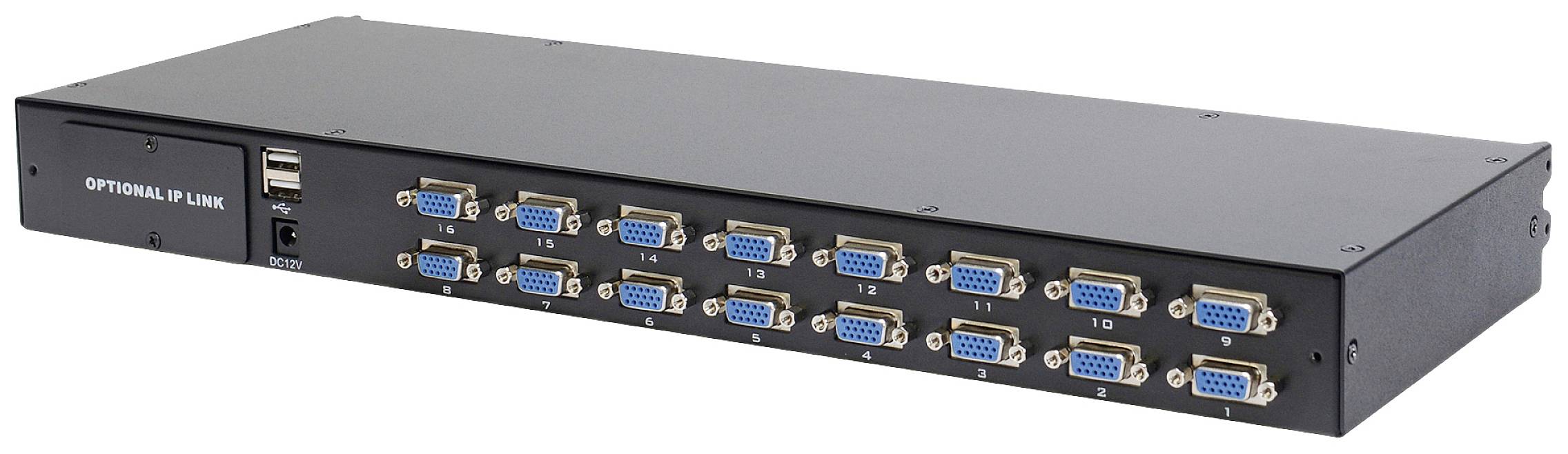 Ein schwarzer 16-Port-VGA-Splitter, zur Bildübertragung an mehrere Monitore, mit USB-Anschlüssen und optionalem IP-Link.