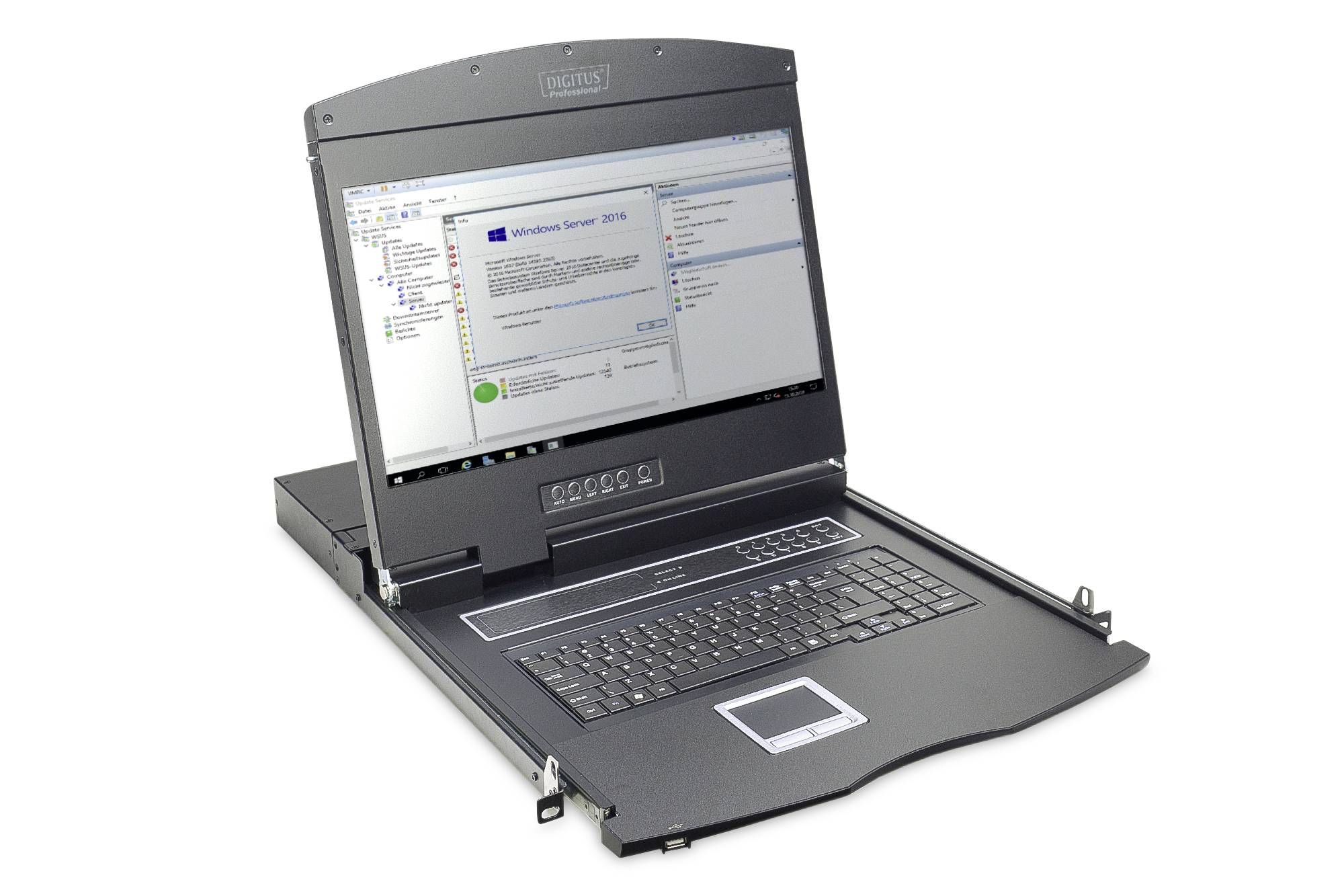 Ein KVM-Switch mit integriertem Monitor und Tastatur, zeigt eine Windows-Server-Verwaltungskonsole auf dem Bildschirm.