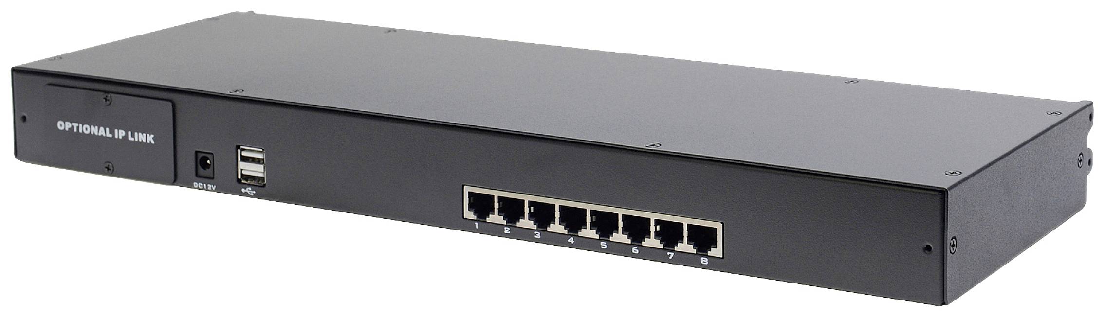 Netzwerk-Switch mit acht Ethernet-Ports, USB-Anschluss und optionalem Uplink-Anschluss in einem schwarzen Gehäuse.