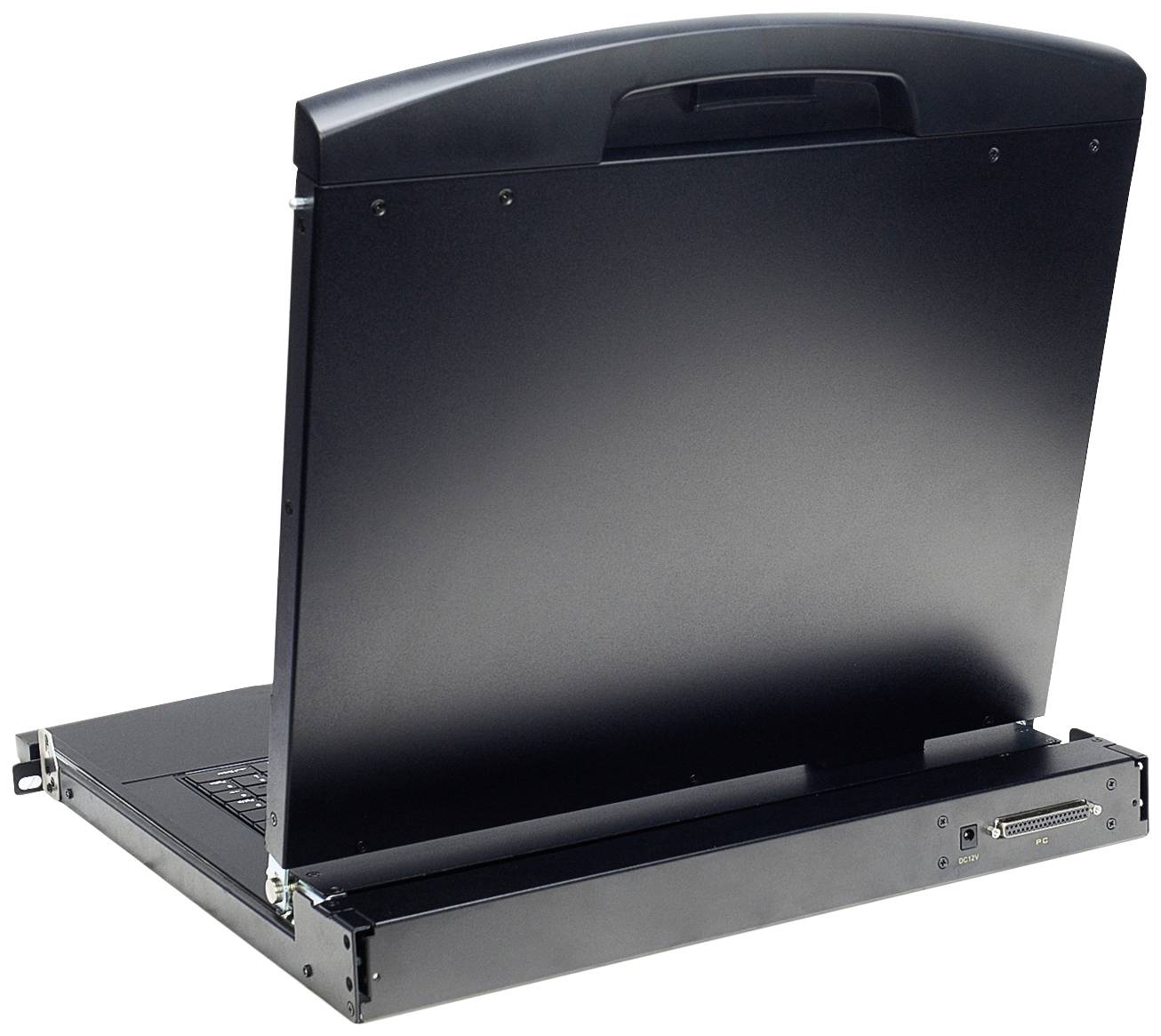 Tragbarer Computermonitor, teilweise geöffnet, Rückansicht. Hängetyp mit Anschlussmöglichkeiten.