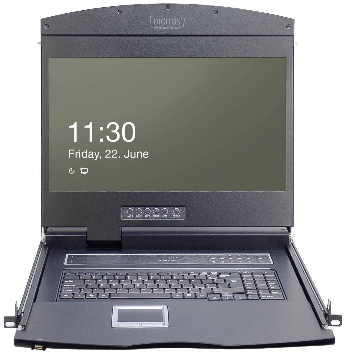 Ein Laptop mit aufgeklapptem Bildschirm zeigt die Uhrzeit '11:30' und das Datum 'Freitag, 22. Juni' an. Darunter befindet sich eine Tastatur.