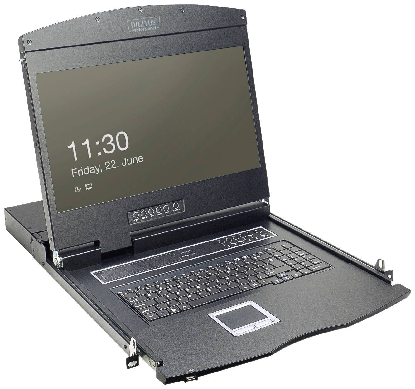 Tragbares, schwarzes Rack-Mount-Display mit eingebauter Tastatur und Touchpad, zeigt Datum und Uhrzeit auf dem Bildschirm an.