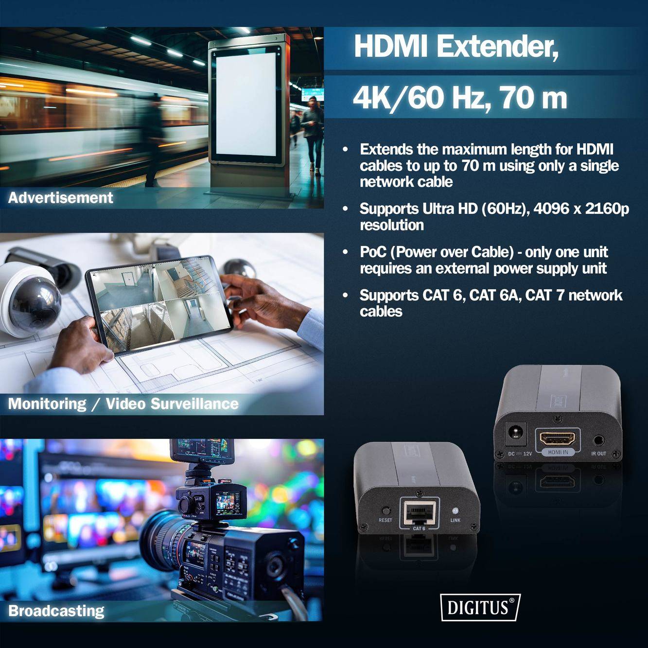 'HDMI Extender, 4K/60 Hz, 70 m': Verlängert HDMI-Kabellänge bis 70 m, unterstützt Ultra HD (60Hz), PoC über ein Netzwerkkabel. Markenname unten.